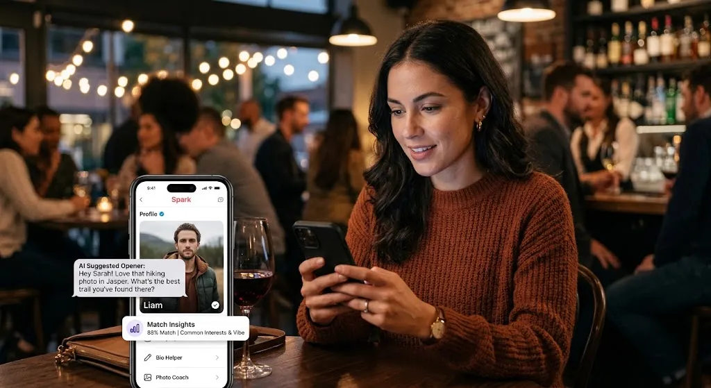 A woman sitting in a cozy, dimly lit restaurant looking at her smartphone, which displays a dating app interface with AI features like suggested conversation openers, profile coaching, and match compatibility insights.