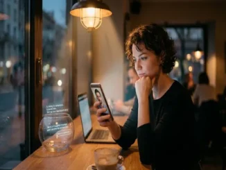 A woman sitting at a warm, lit cafe counter near a window, thoughtfully looking at a dating profile on her smartphone as subtle holographic AI conversation prompts and bio suggestions float nearby.
