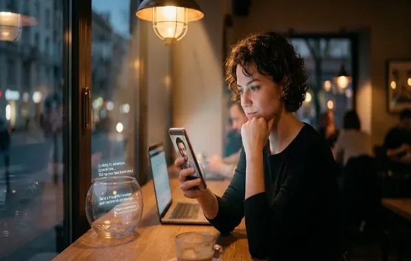 A woman sitting at a warm, lit cafe counter near a window, thoughtfully looking at a dating profile on her smartphone as subtle holographic AI conversation prompts and bio suggestions float nearby.