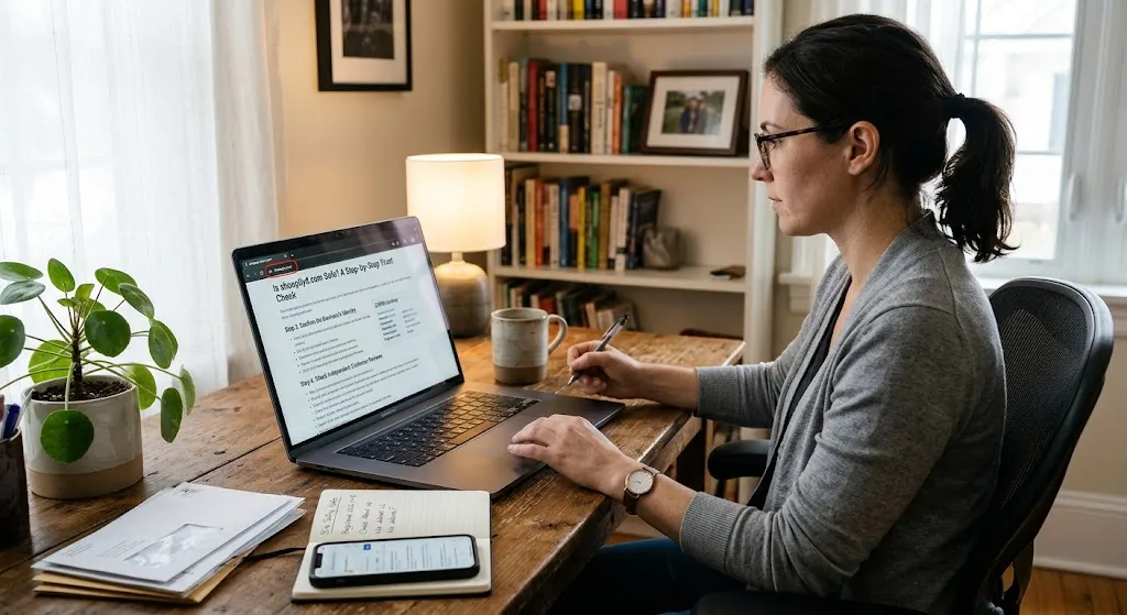 Woman conducting a website trust check on a laptop screen featuring an article about online shopping safety and scam verification.