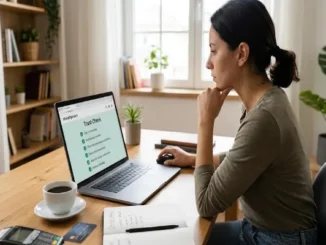 A thoughtful woman sitting at a bright wooden desk looking at her laptop screen, which displays an online shopping trust checklist next to a cup of coffee, notepad, and credit card.