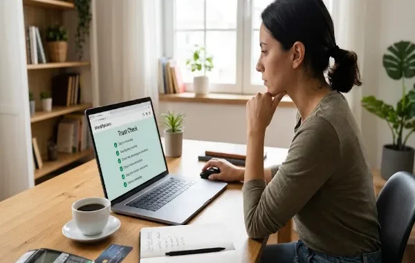 A thoughtful woman sitting at a bright wooden desk looking at her laptop screen, which displays an online shopping trust checklist next to a cup of coffee, notepad, and credit card.